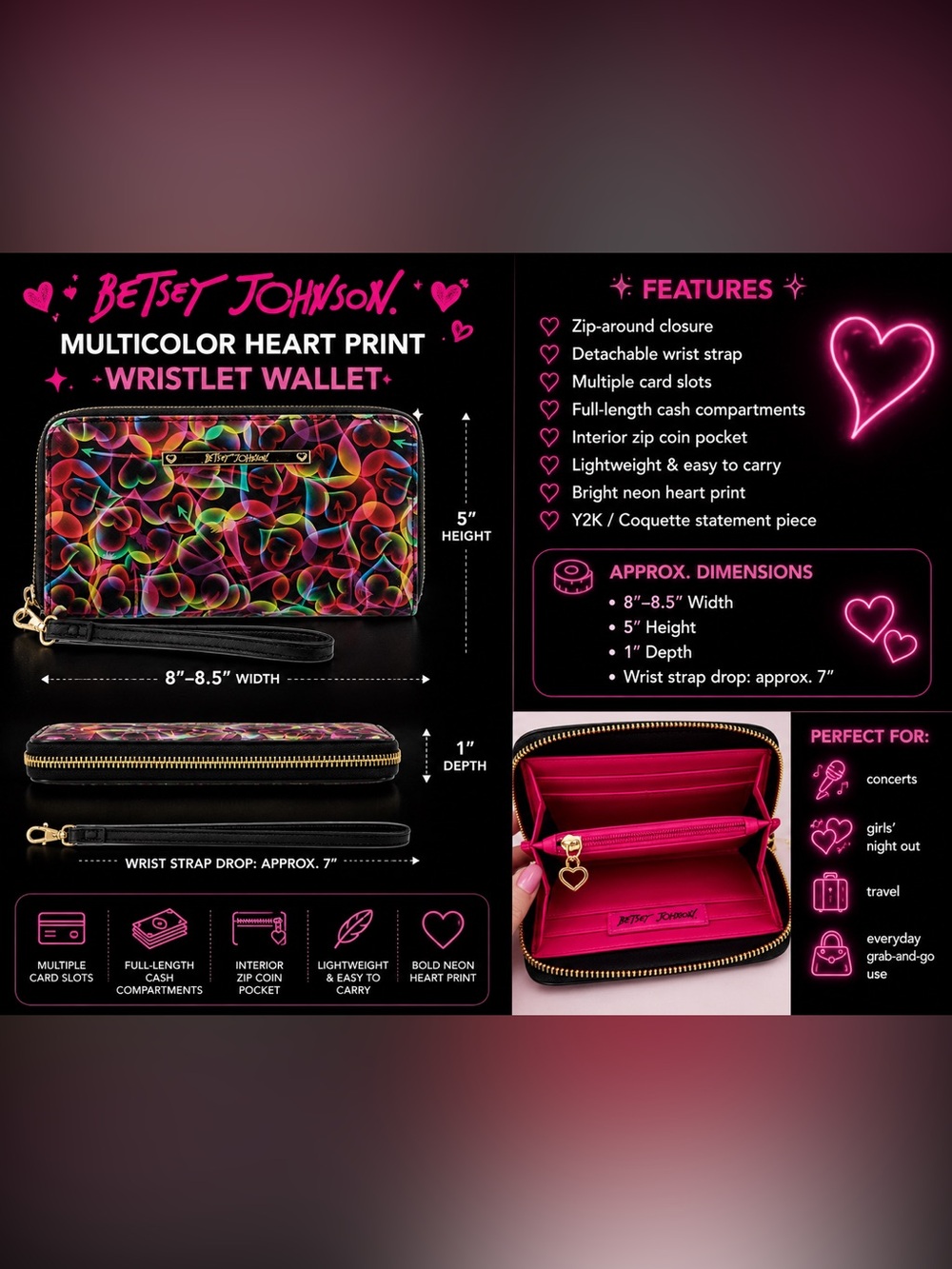 Betsey Johnson Neon Heart Print Wristlet Wallet Y2K Coquette Clutch - Picture 3 of 4
